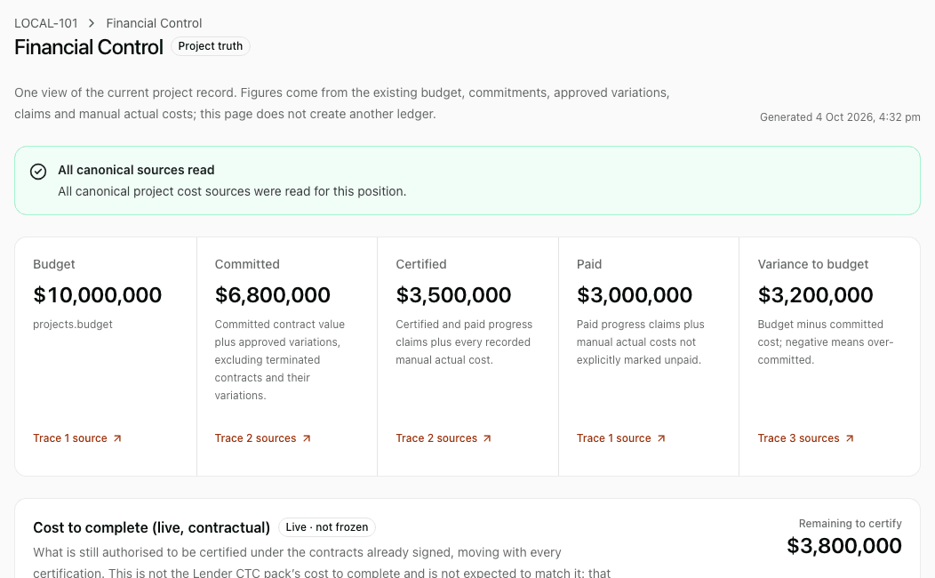 UpScale.build Financial Control figures for an illustrative project, including the $6.8 million commitment and $3.5 million certified amount