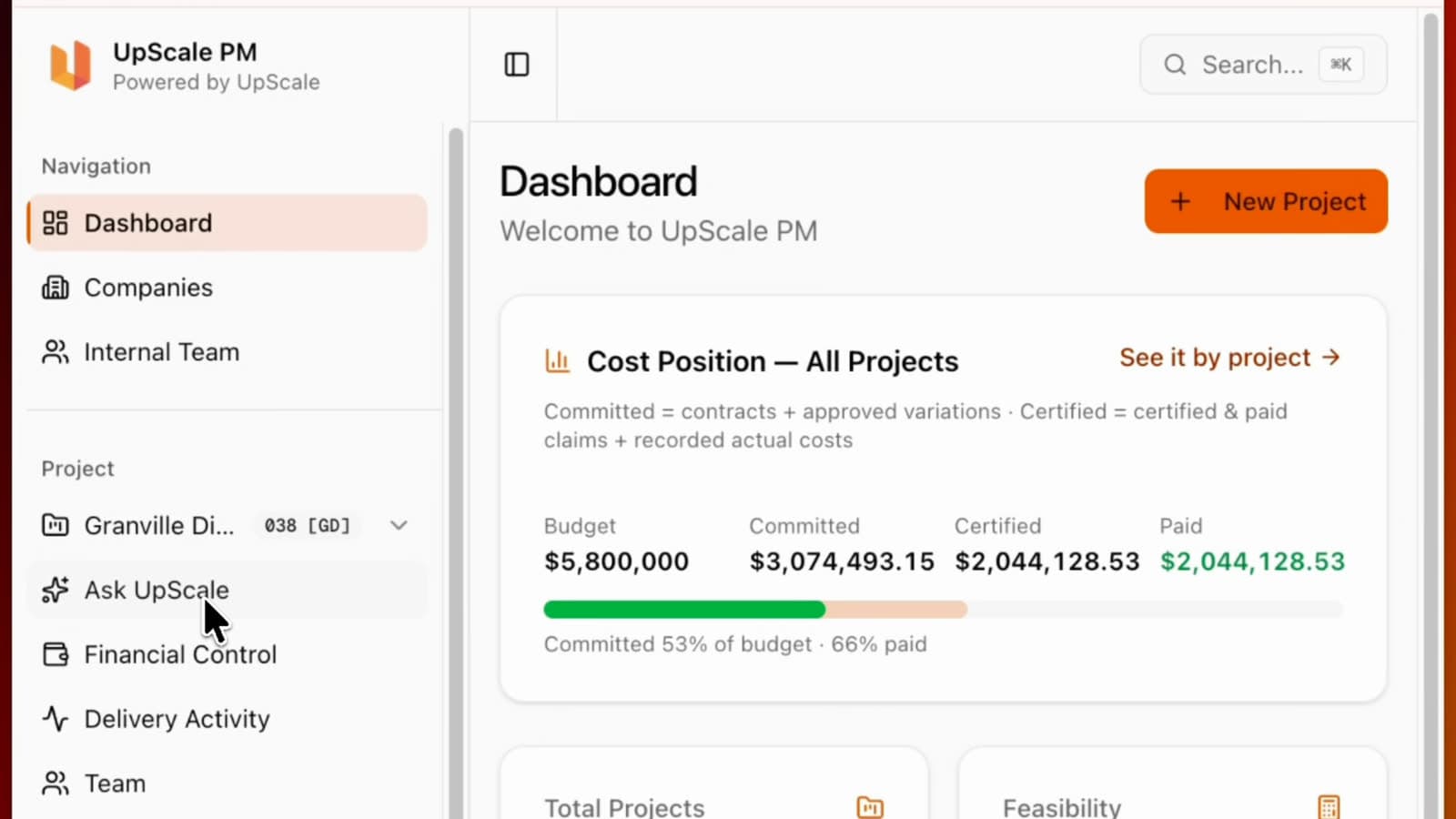 The project dashboard. Budget, committed, certified and paid on one bar, with the modules down the left.