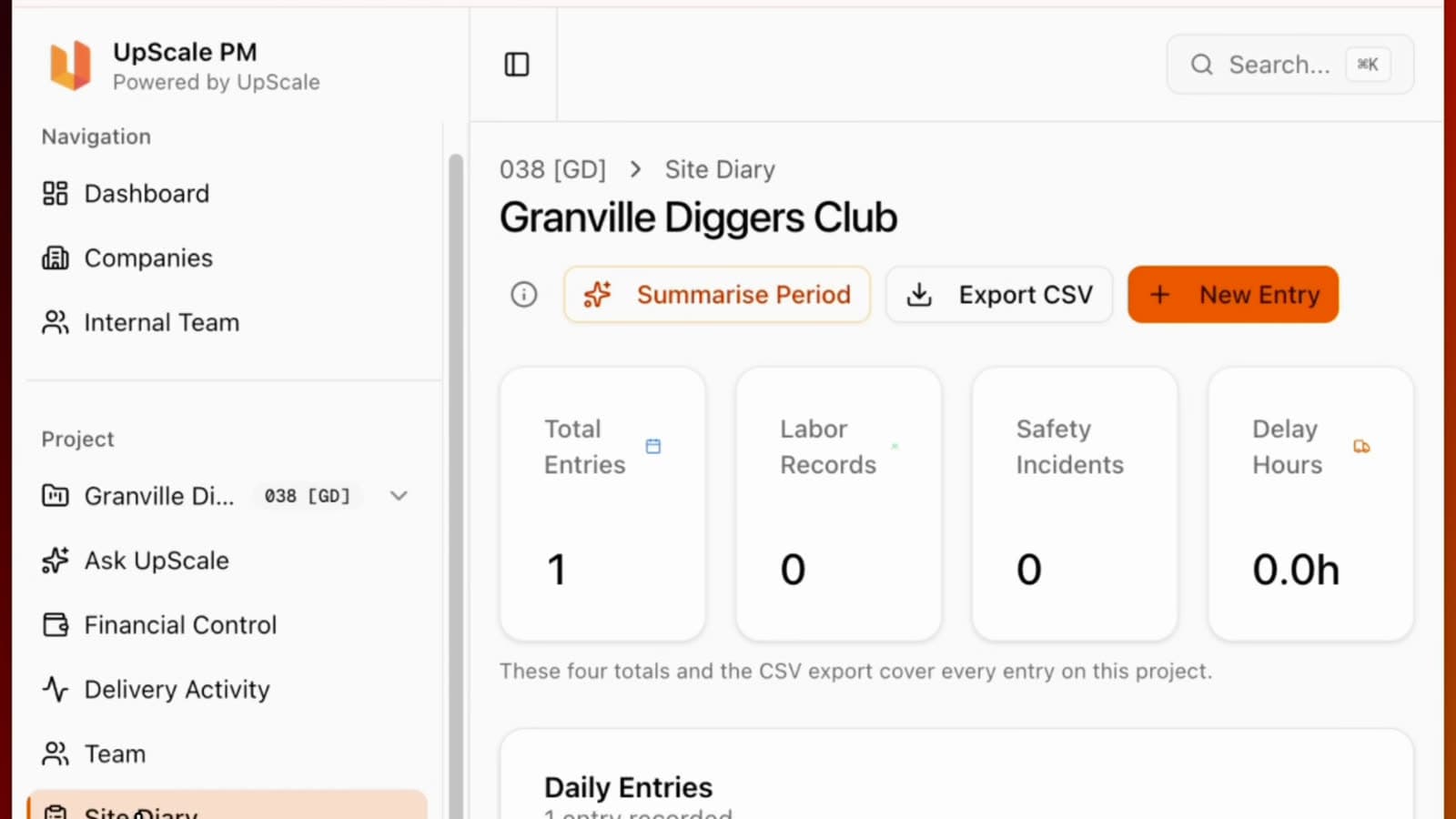 Site diary. Entries, photos and the CSV export cover every visit on the project.