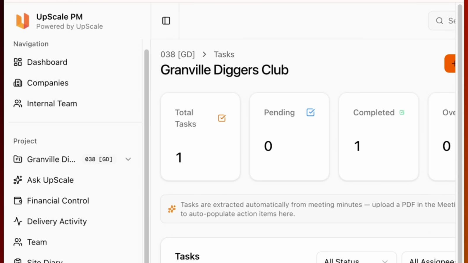 Tasks, internal or external, with the minutes they came from.