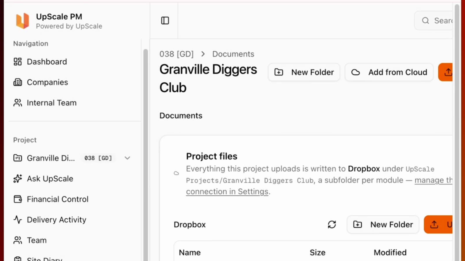 Documents. Project files are written to the client's own Dropbox, one subfolder per module.