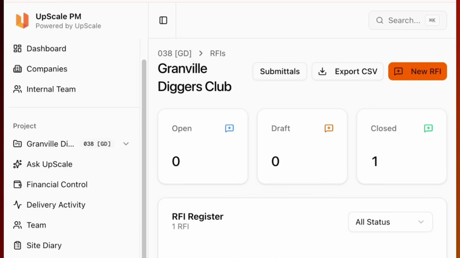 RFIs. The register, with status, due date and who it is with.