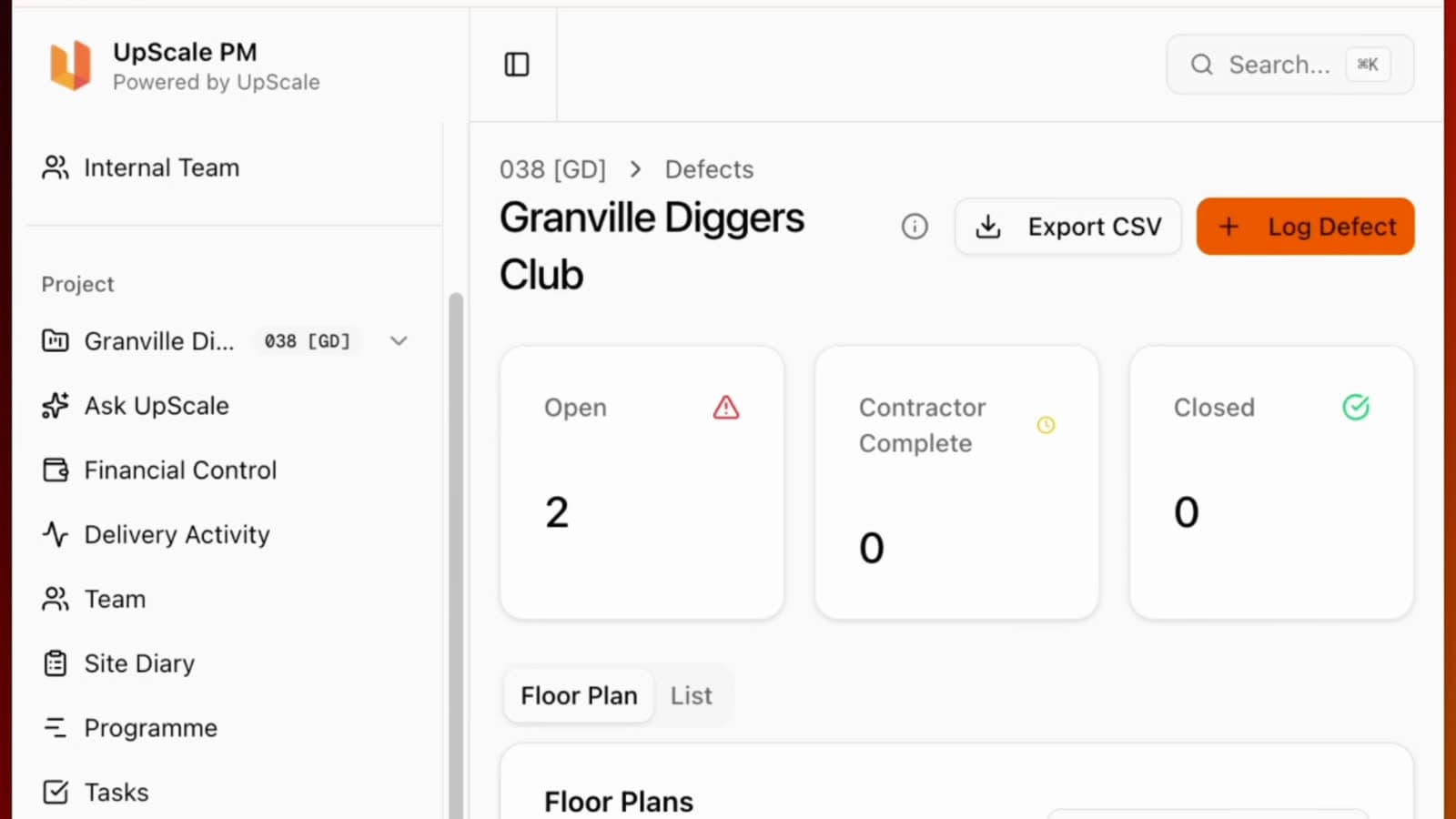 Defects. Open, contractor complete, closed, pinned by level on the floor plan.